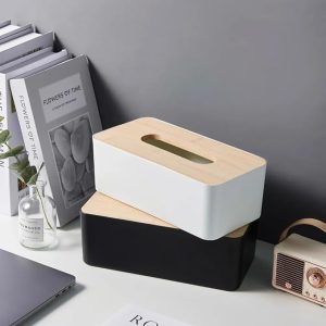 Wood Style Plastic Tissue Box With Wooden Lid